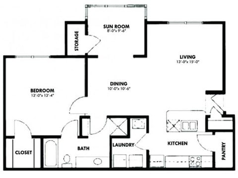Floor plan for 1 bed, 1 bath, 940 sqft