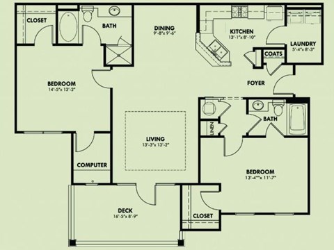 Floor plan for 2 beds, 2 baths, 1311 sqft