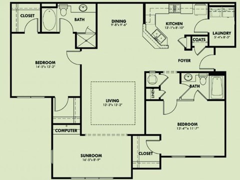 Floor plan for 2 beds, 2 baths, 1463 sqft