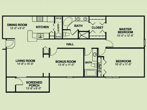 Floor plan for 2 beds, 2 baths, 1560 sqft