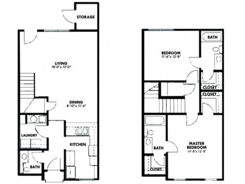 Floor plan for 2 beds, 2.5 baths, 1368 sqft