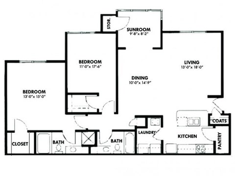 Floor plan for 2 beds, 2 baths, 1353 sqft