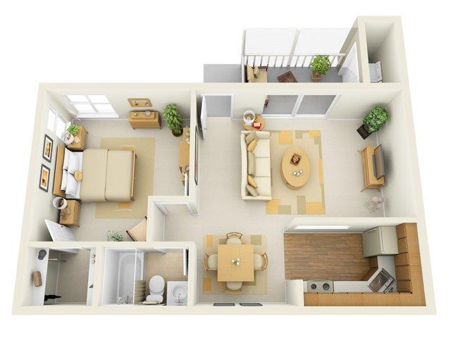 Floor plan for 1 bed, 1 bath, 768 sqft