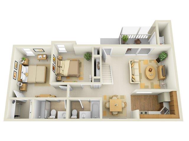 Floor plan for 2 beds, 2.5 baths, 1288 sqft