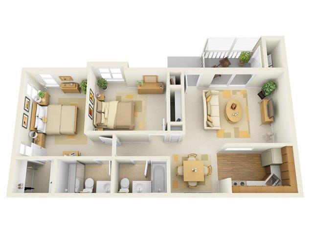 Floor plan for 2 beds, 2 baths, 967 sqft