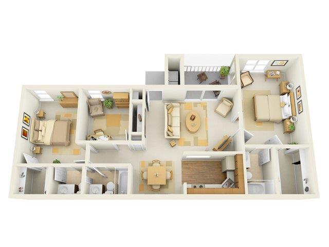 Floor plan for 3 beds, 2.5 baths, 1191 sqft