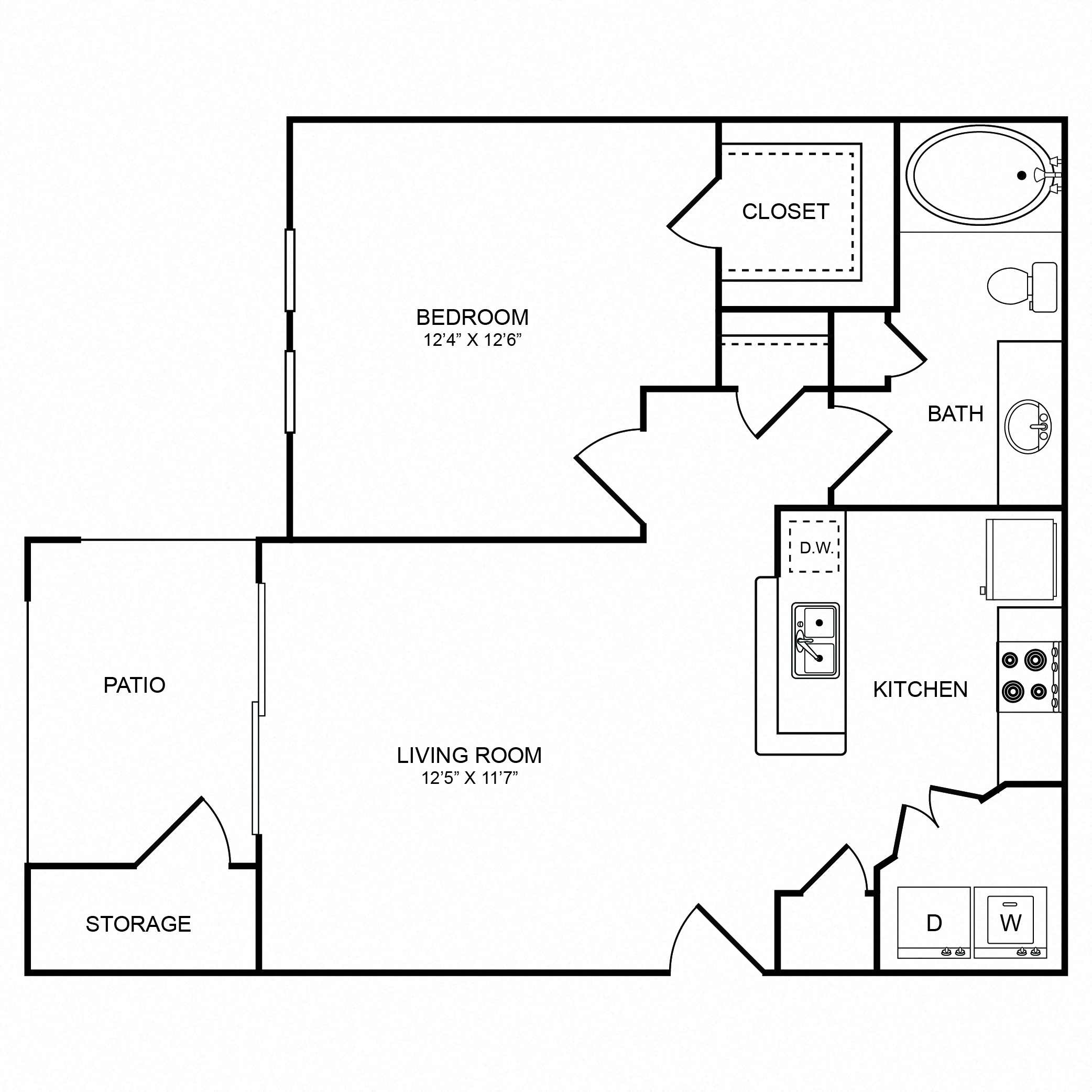 Floor plan for 1 bed, 1 bath, 637 sqft