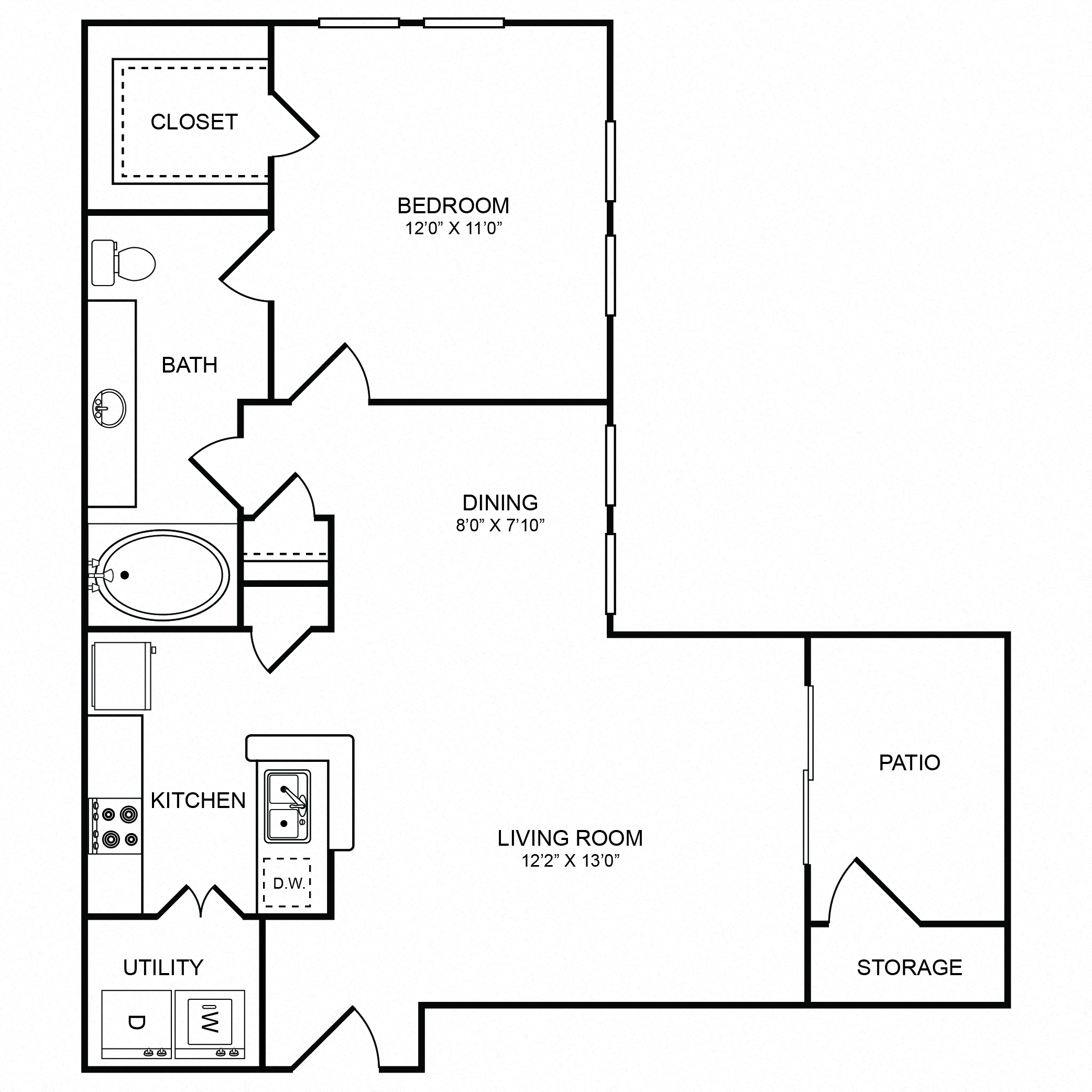 Floor plan for 1 bed, 1 bath, 728 sqft