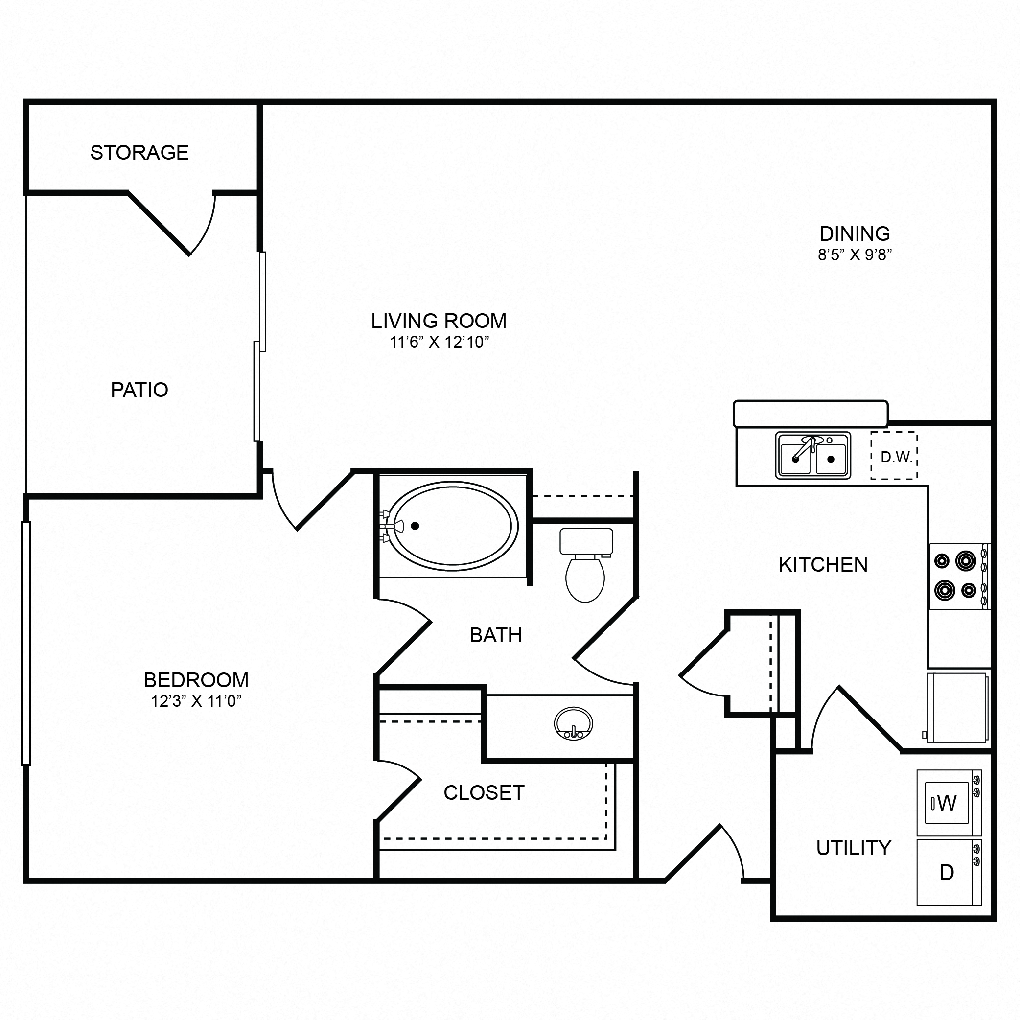 Floor plan for 1 bed, 1 bath, 752 sqft