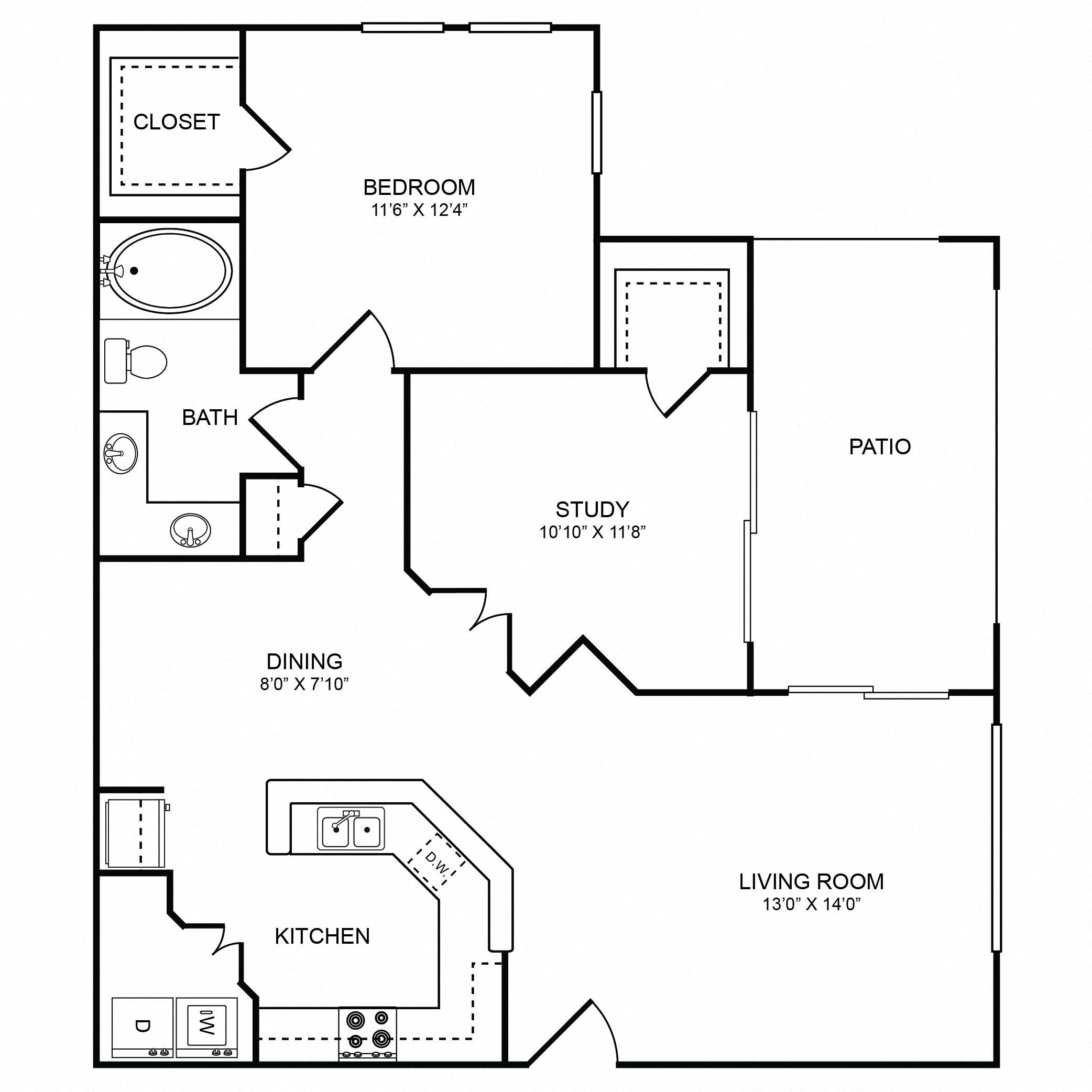 Floor plan for 2 beds, 1 bath, 939 sqft