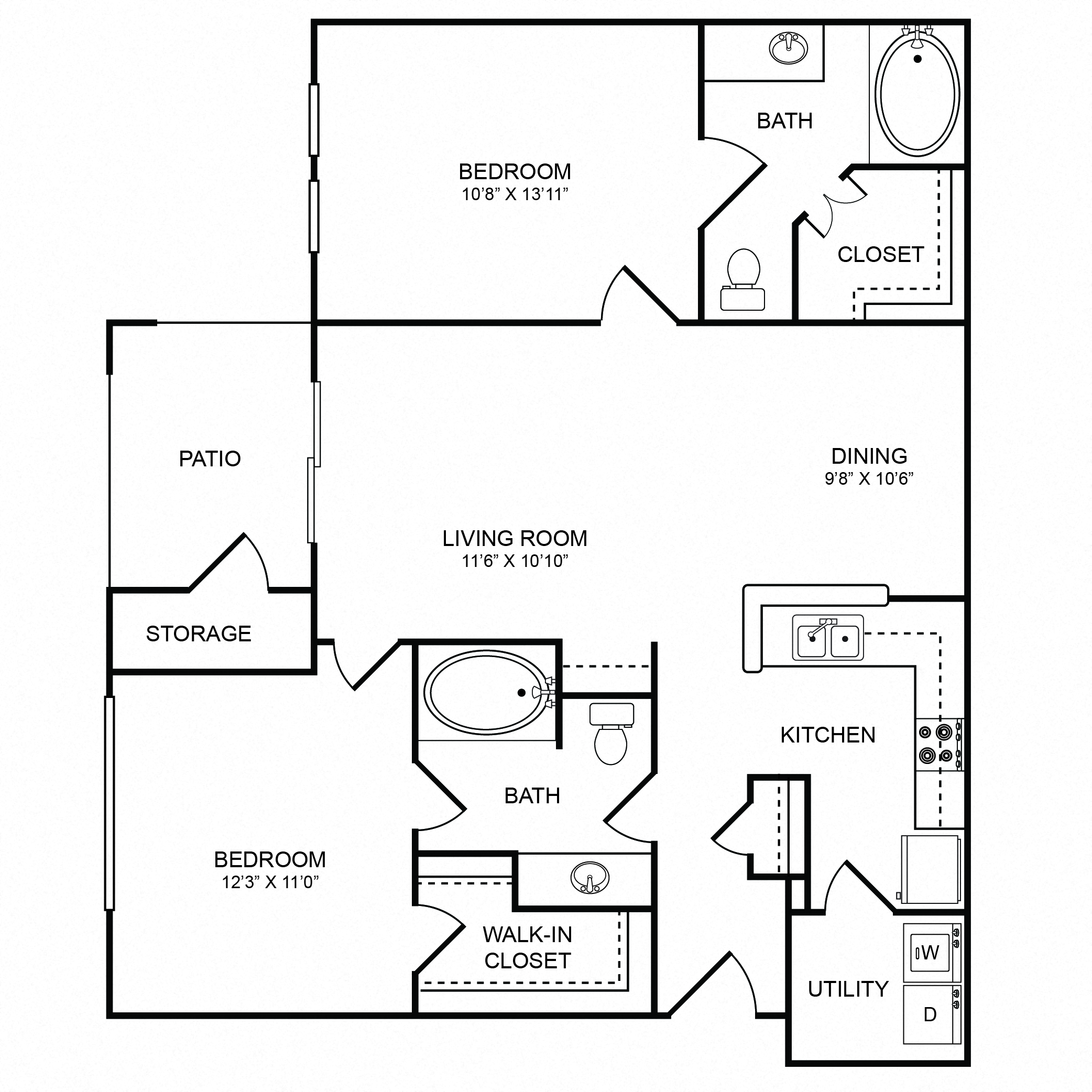 Floor plan for 2 beds, 2 baths, 1031 sqft
