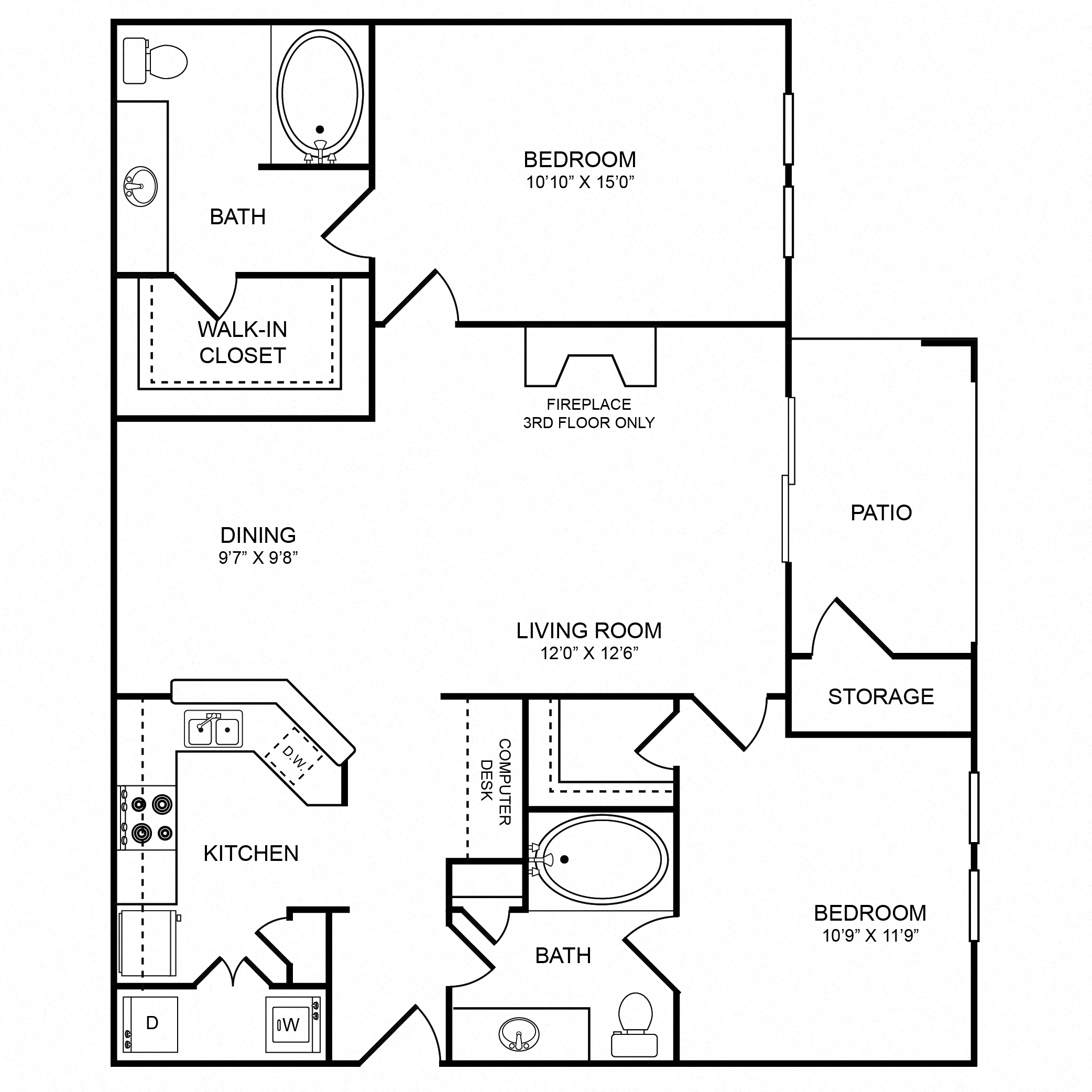 Floor plan for 2 beds, 2 baths, 1089 sqft