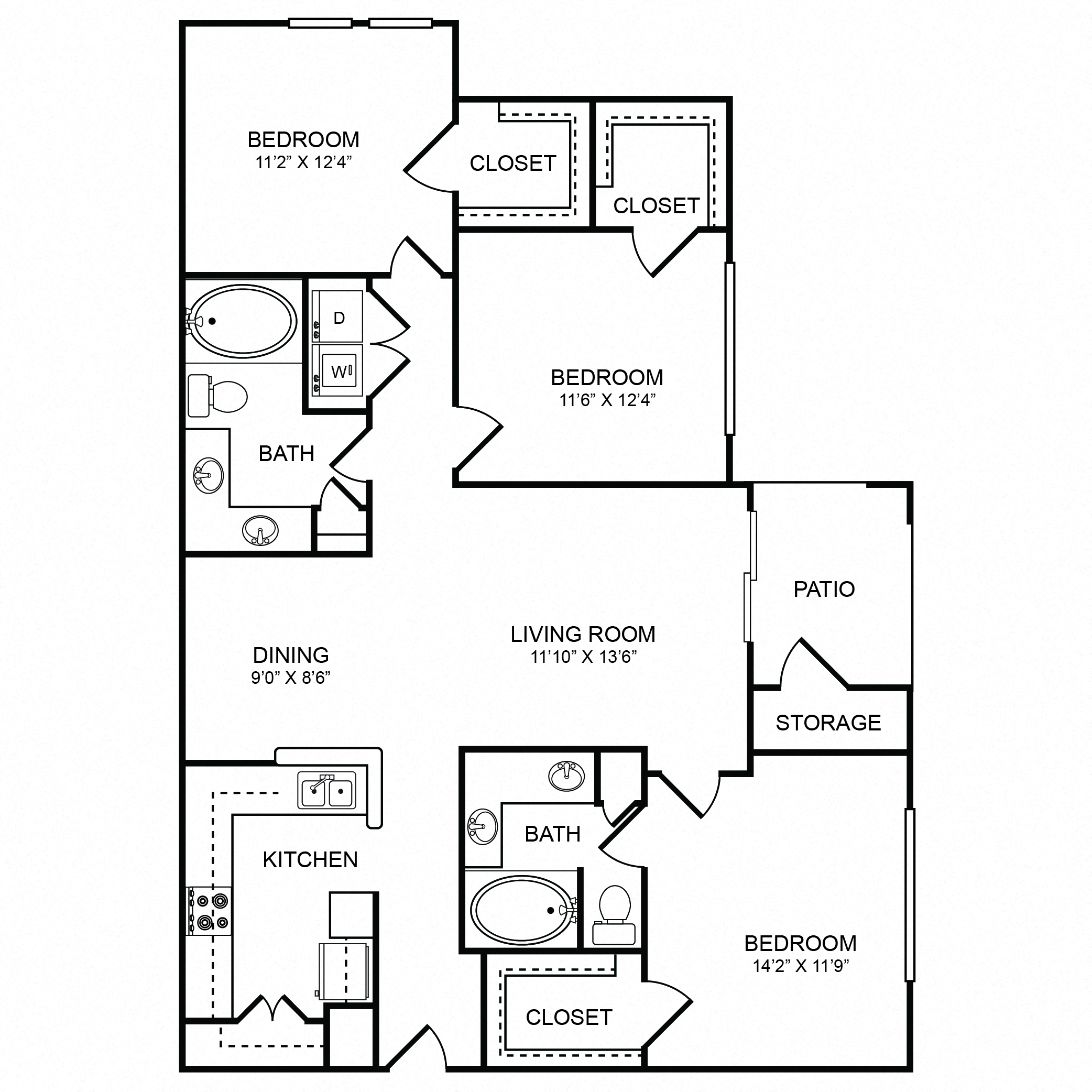 Floor plan for 3 beds, 2 baths, 1352 sqft