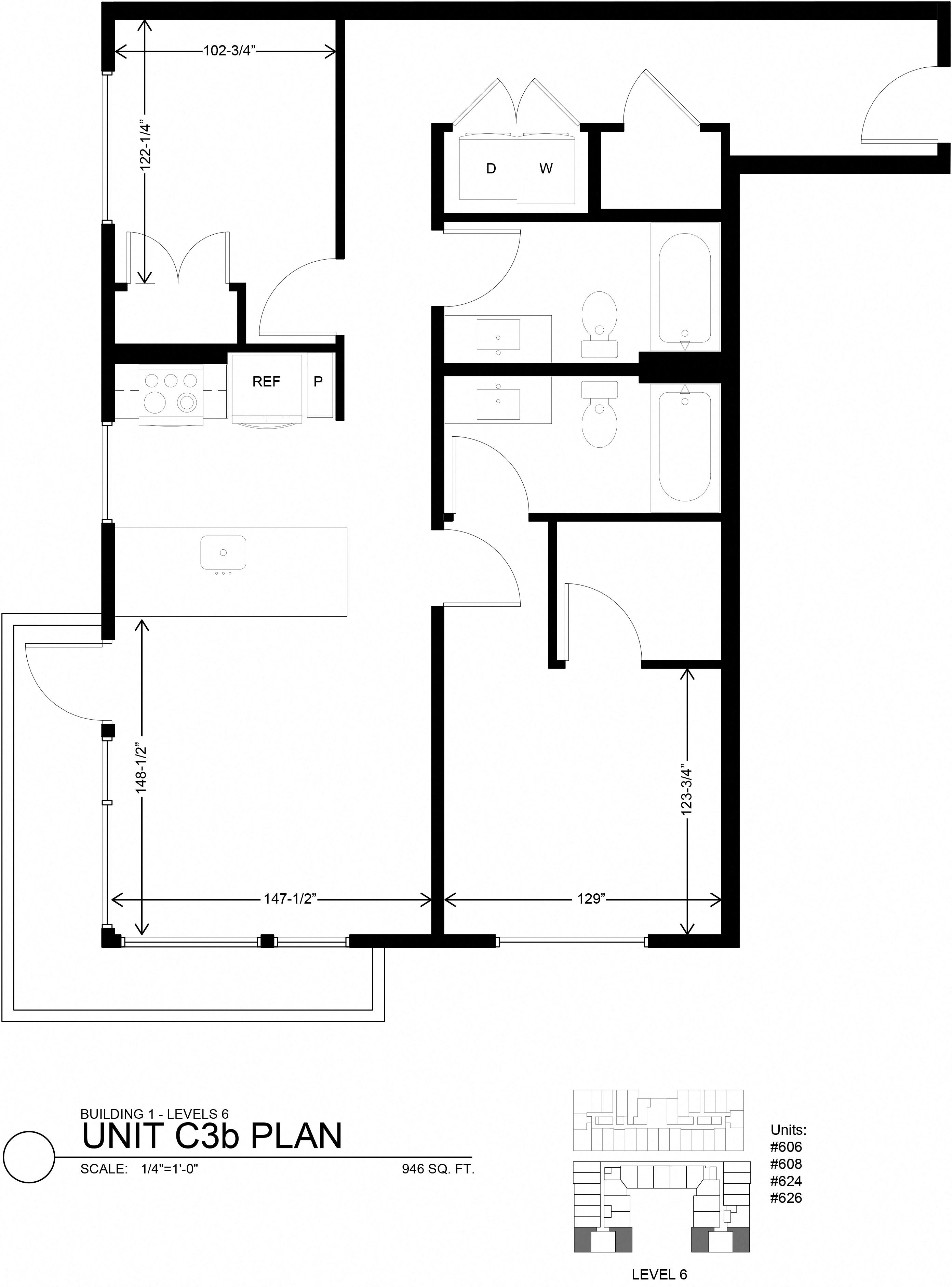 Floor plan for 2 beds, 2 baths, 1039 sqft