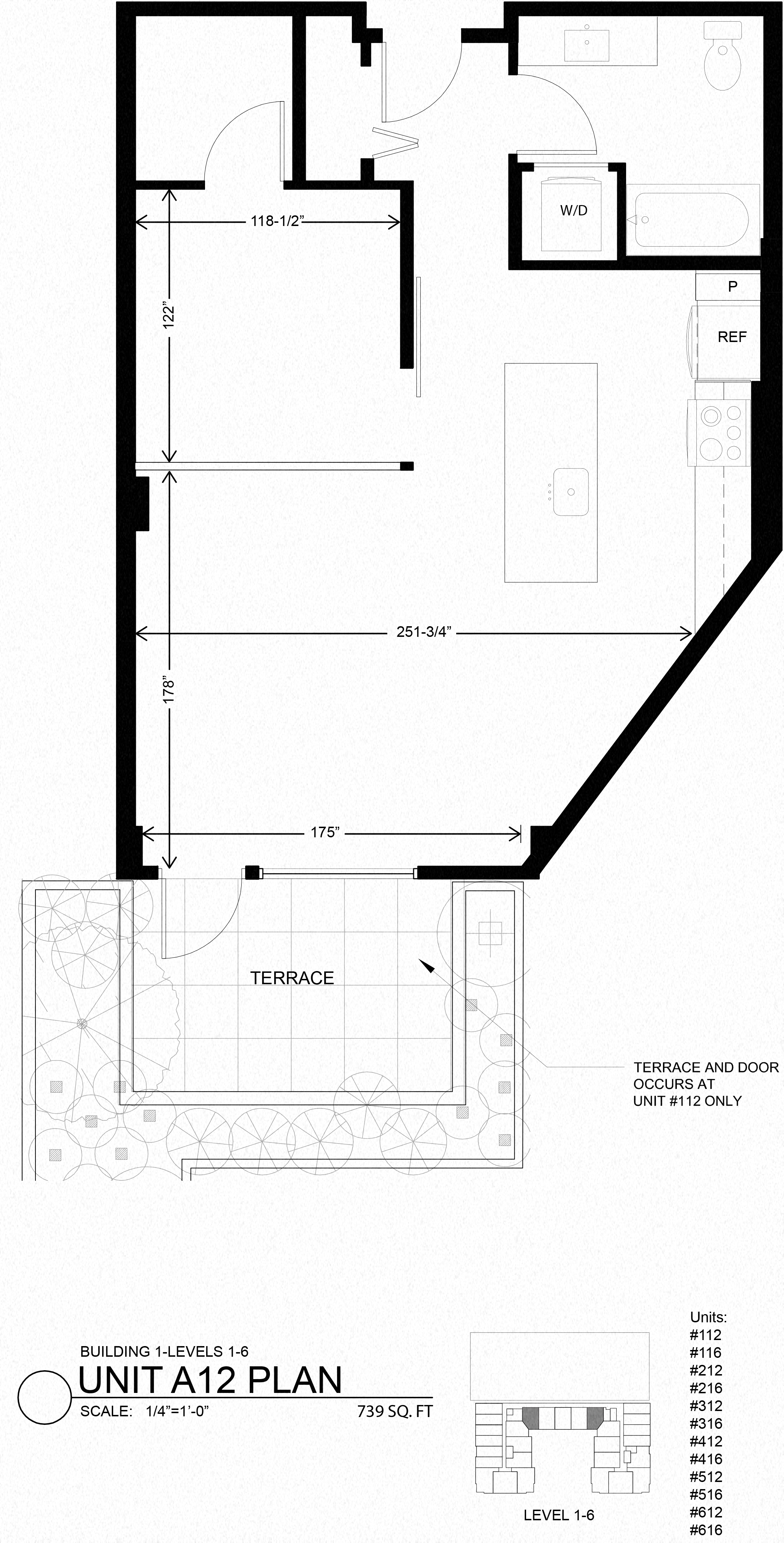 Floor plan for 1 bed, 1 bath, 728 sqft
