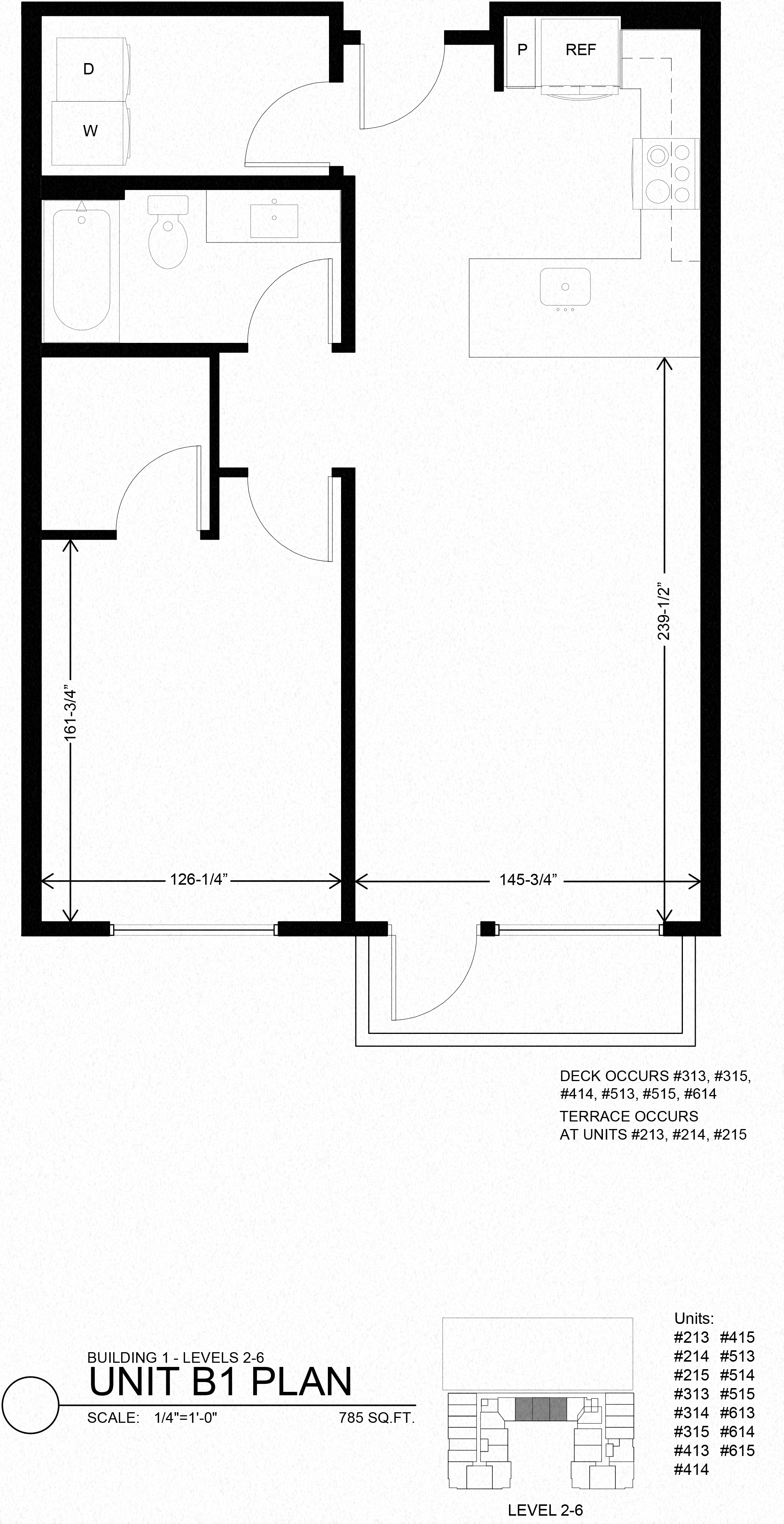 Floor plan for 1 bed, 1 bath, 785 sqft