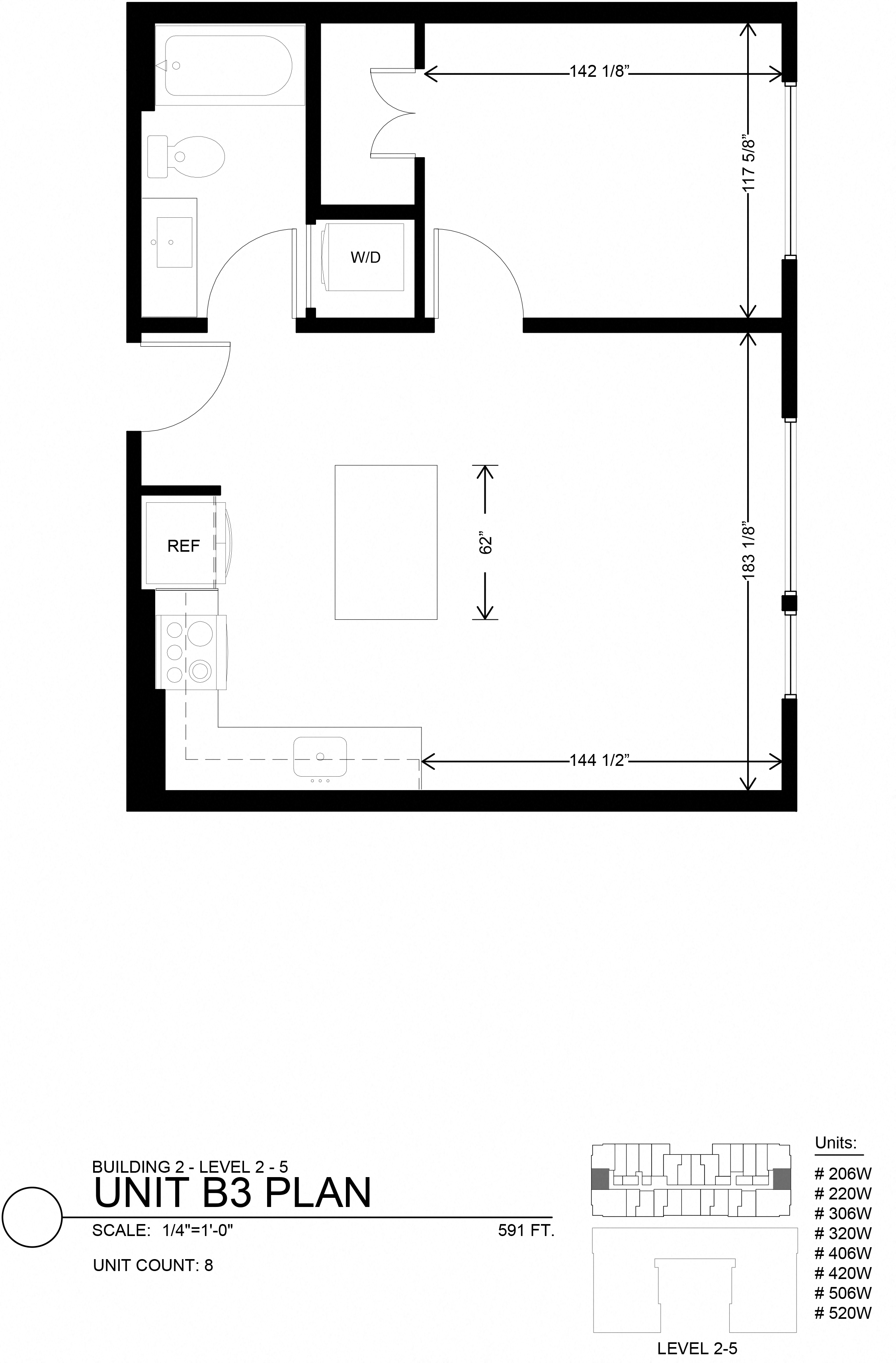 Floor plan for 1 bed, 1 bath, 591 sqft