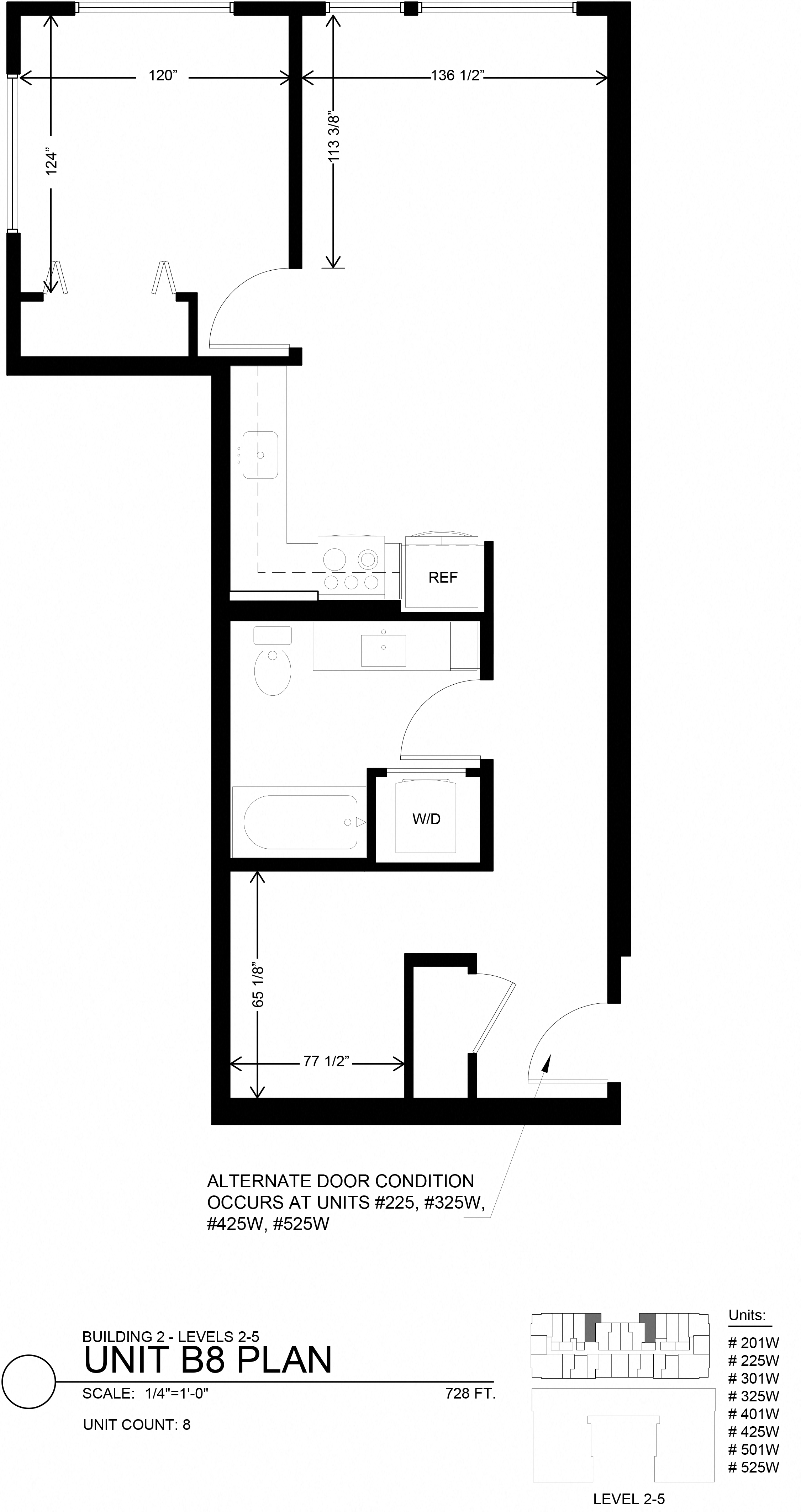 Floor plan for 1 bed, 1 bath, 728 sqft