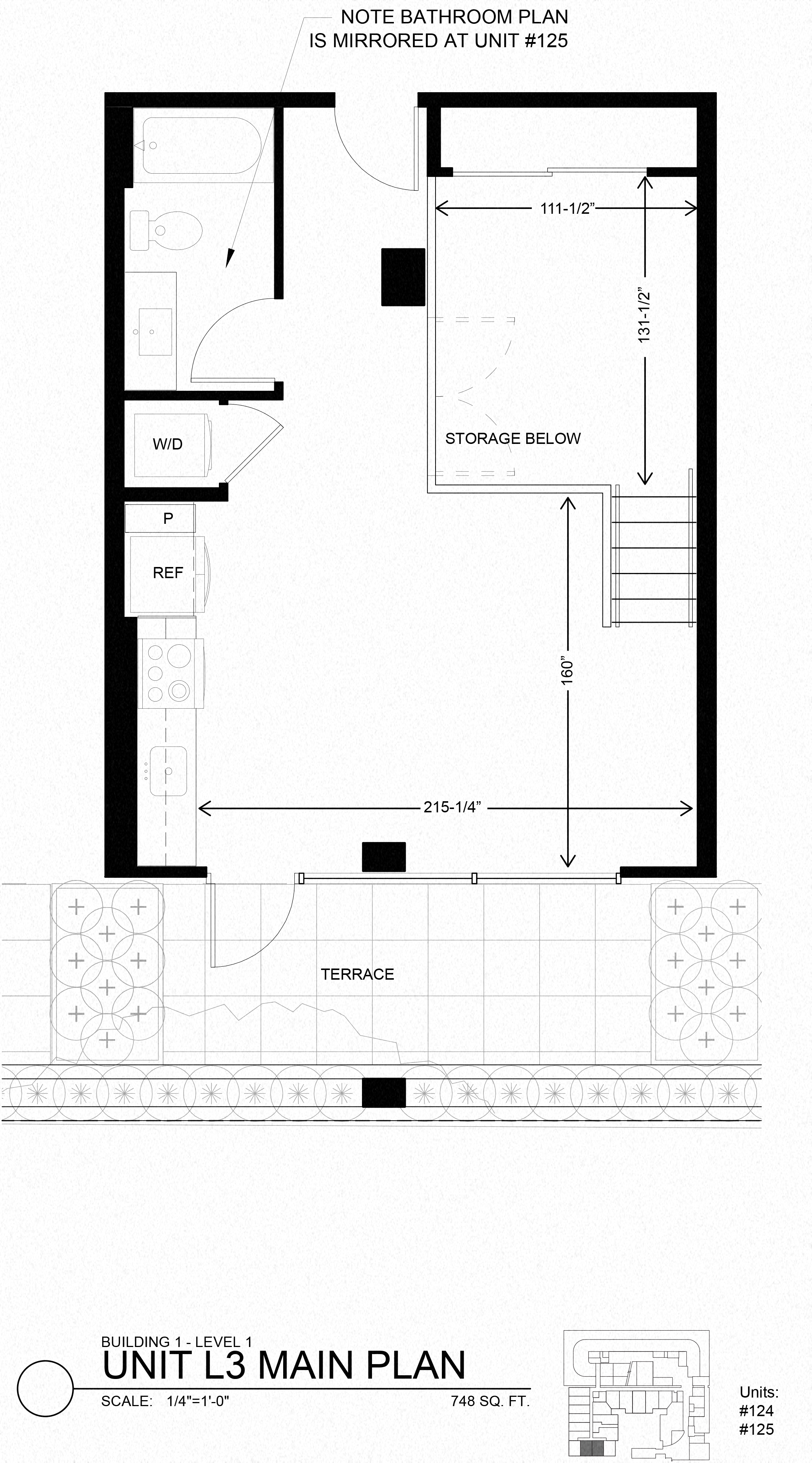 Floor plan for 1 bed, 1 bath, 748 sqft