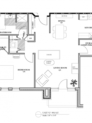 Floor plan for 1 bed, 1 bath, 991 sqft