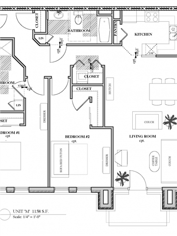 Floor plan for 2 beds, 2 baths, 1309 sqft