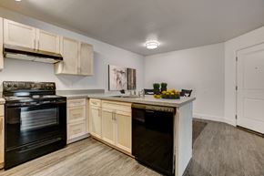 Fort Collins apartment for rent - Village on Shields - Windmill three bedroom kitchen with black appliances and modern wood cabinetry