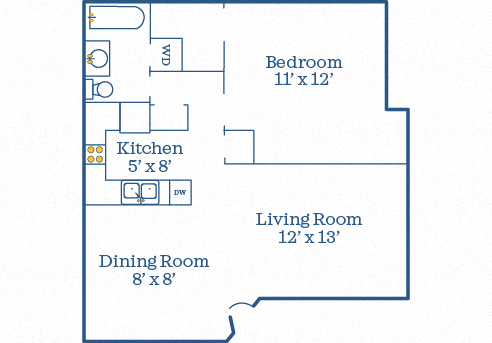 Floor plan for 1 bed, 1 bath, 648 sqft