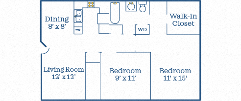 Floor plan for 2 beds, 1 bath, 820 sqft