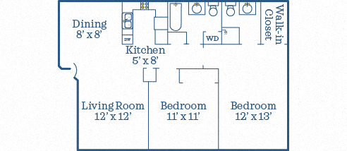 Floor plan for 2 beds, 2 baths, 936 sqft