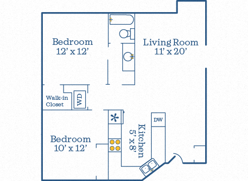 Floor plan for 2 beds, 1 bath, 815 sqft