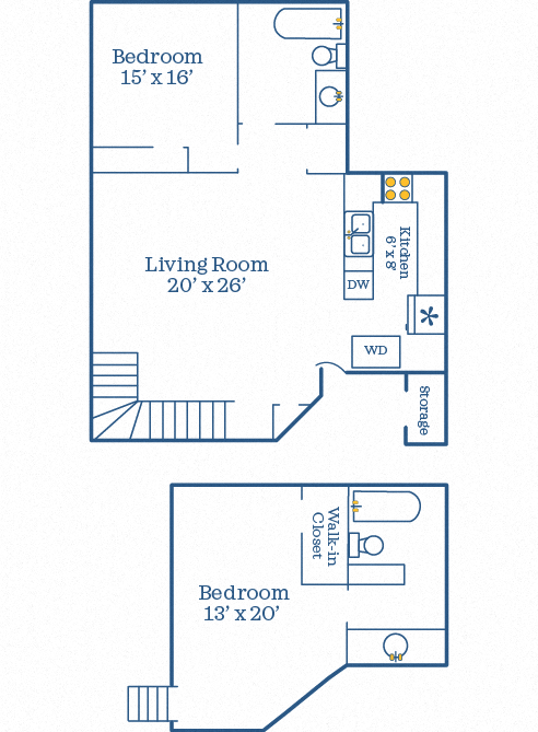 Floor plan for 2 beds, 2 baths, 940 sqft