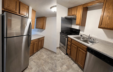 Madison apartment for rent - two pictures of a kitchen with stainless steel appliances and wooden cabinets