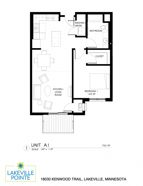 Floor plan for 1 bed, 1 bath, 752 sqft