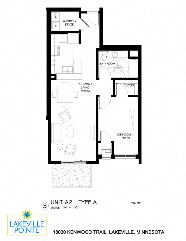 Floor plan for 1 bed, 1 bath, 750 sqft