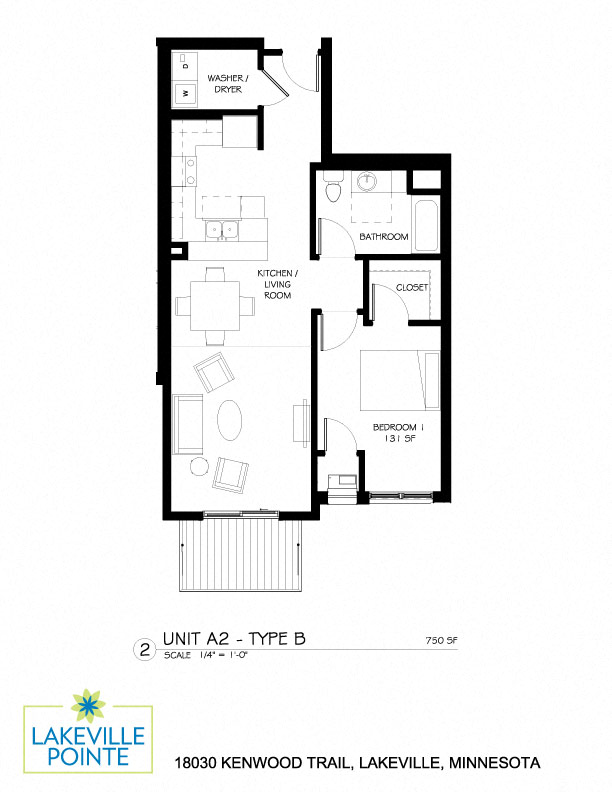 Floor plan for 1 bed, 1 bath, 750 sqft