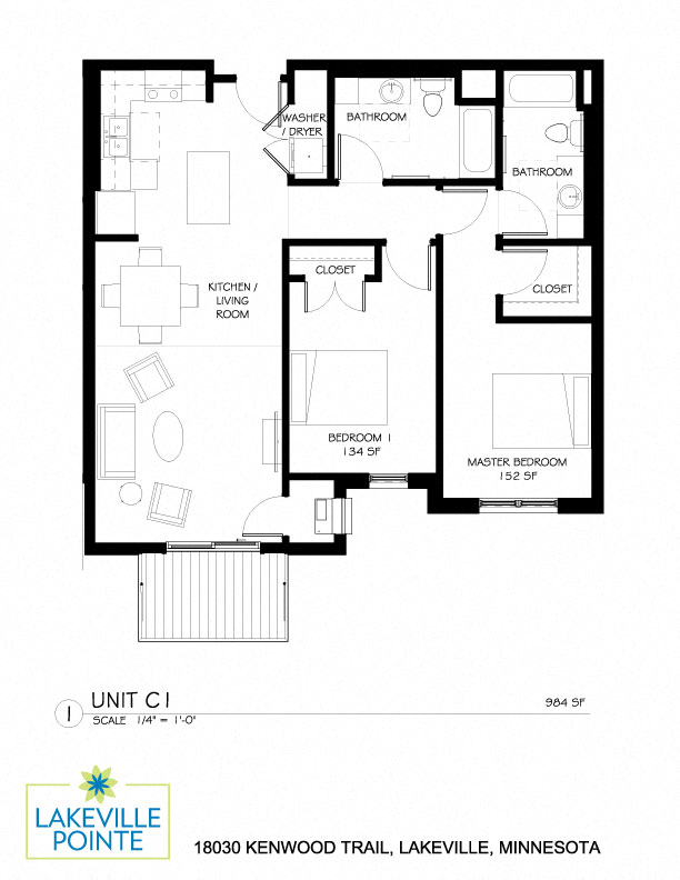 Floor plan for 2 beds, 2 baths, 984 sqft