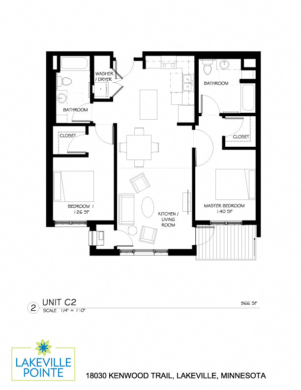 Floor plan for 2 beds, 2 baths, 966 sqft