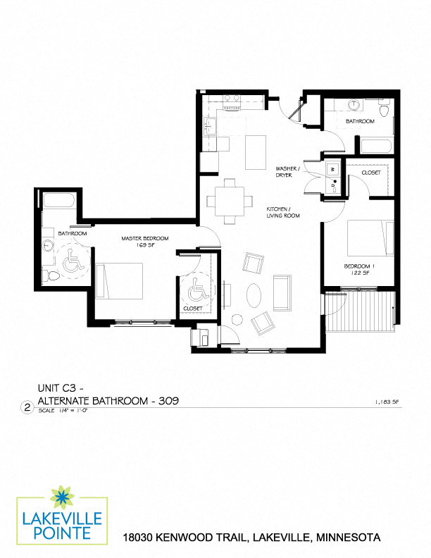 Floor plan for 2 beds, 2 baths, 1183 sqft