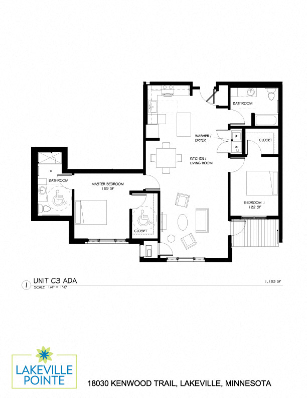 Floor plan for 2 beds, 2 baths, 1183 sqft