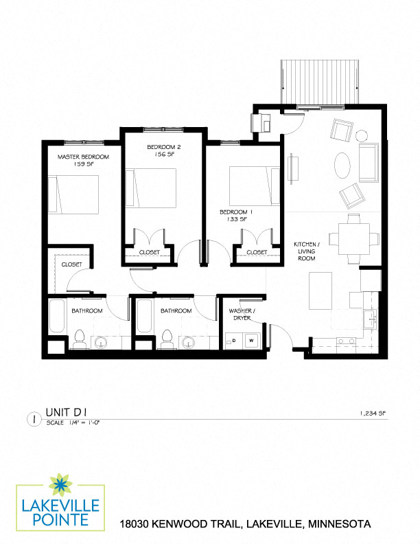 Floor plan for 3 beds, 2 baths, 1234 sqft