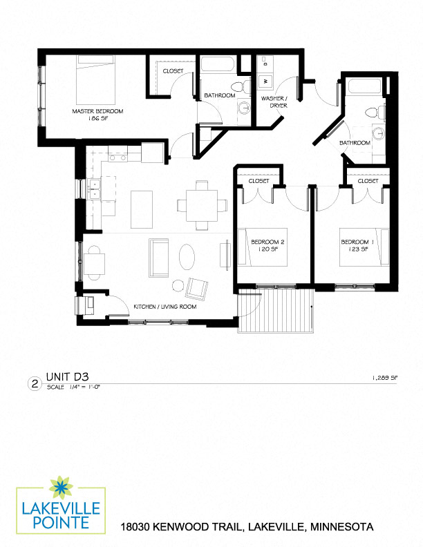 Floor plan for 3 beds, 2 baths, 1289 sqft