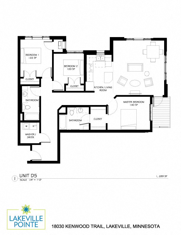 Floor plan for 3 beds, 2 baths, 1289 sqft