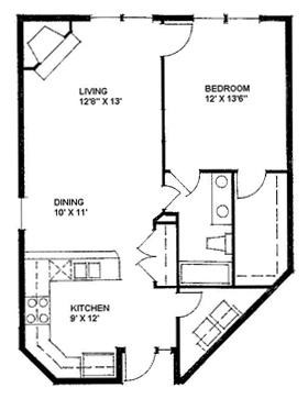 Floor plan for 1 bed, 1 bath, 824 sqft