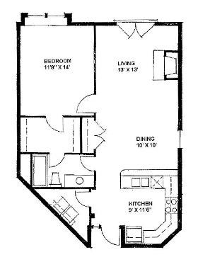 Floor plan for 1 bed, 1 bath, 829 sqft