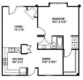 Floor plan for 1 bed, 1 bath, 878 sqft