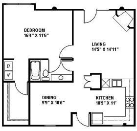 Floor plan for 1 bed, 1 bath, 878 sqft