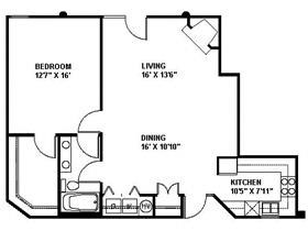 Floor plan for 1 bed, 1 bath, 941 sqft