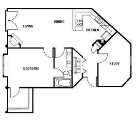 Floor plan for 1 bed, 1 bath, 961 sqft