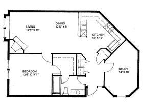 Floor plan for 1 bed, 1 bath, 961 sqft