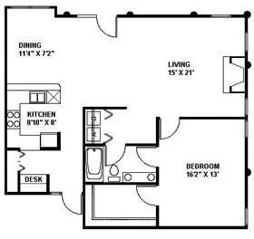 Floor plan for 1 bed, 1 bath, 1109 sqft